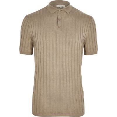Stone ribbed muscle fit polo shirt